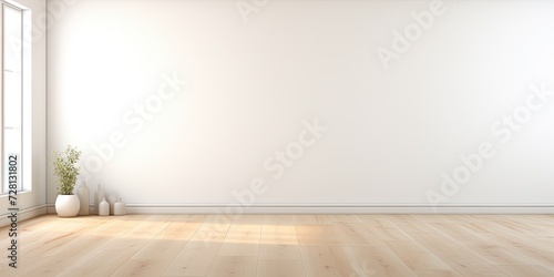 Blurred view in empty room with white wall and wooden floor.