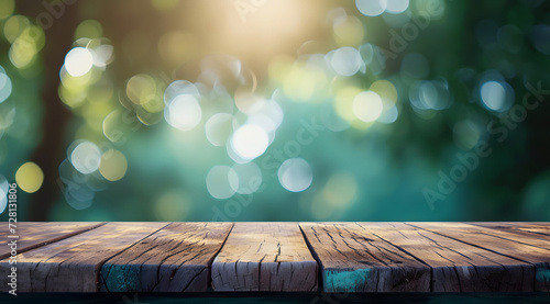 wooden table against blurred green background 