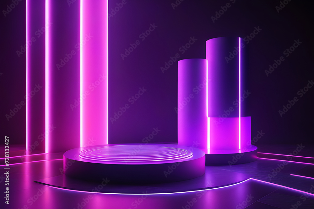 A futuristic blue podium with purple accents, glowing laser beams in a sci-fi ambience. 3D rendering features a minimalist scene with a blue cylinder stand and shimmering glitter for display A futuristic blue podium with purple accents, glowing laser beams in a sci-fi ambience. 3D rendering features a minimalist scene with a blue cylinder stand and shimmering glitter for display