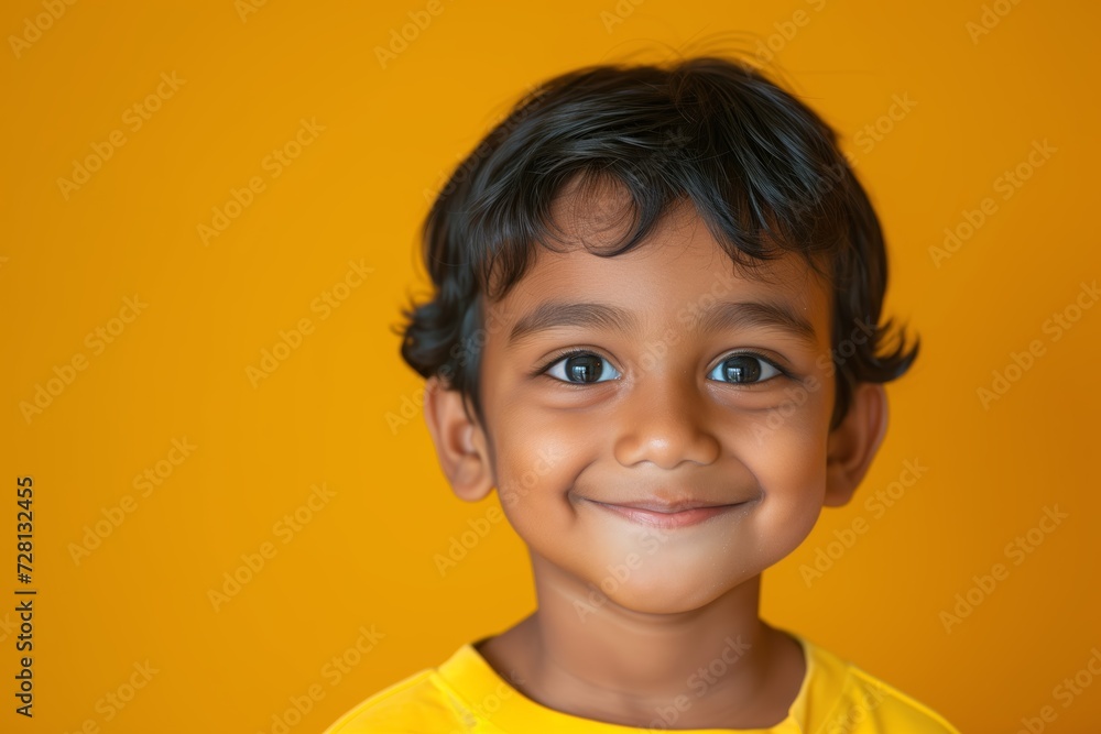 Portrait of a Smiling Young Indian Boy on Yellow Background. Generative AI. Portrait of a Smiling Young Indian Boy on Yellow Background. Generative AI.