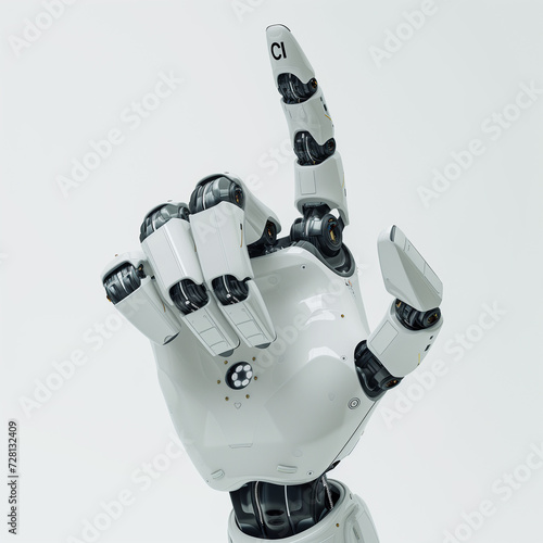 A robot hand with a raised index finger on a white background. Conceptual gesture in attention or stop