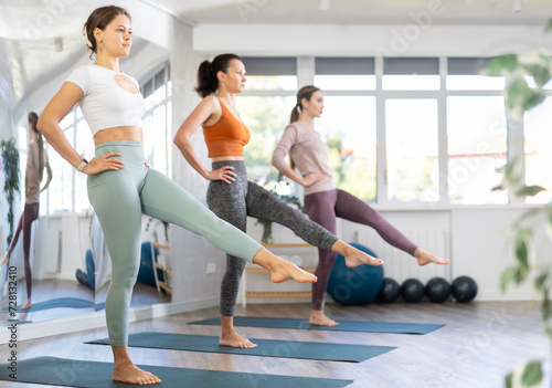 Group of women in sportswear doing pilates exercises in studio