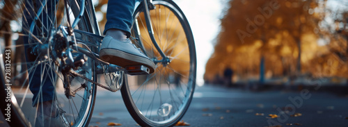 Close up of bicycle wheel with human foot on pedal with blurred background. Cycling in autumn. The concept of outdoor recreation