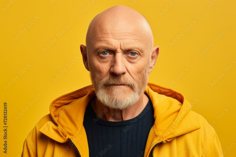 Portrait of an old man in a yellow jacket on a yellow background Portrait of an old man in a yellow jacket on a yellow background
