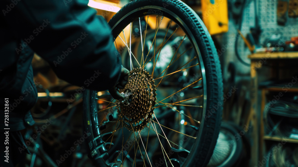 Fototapeta premium Man working on bicycle wheel. A man repairs a bicycle in a workshop wearing gloves