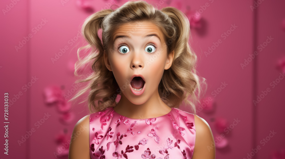 beautiful little girl in a pink dress is surprised, holds her hands to her face on a crimson background, child, childhood, teenager, kid, portrait, shock, emotional face beautiful little girl in a pink dress is surprised, holds her hands to her face on a crimson background, child, childhood, teenager, kid, portrait, shock, emotional face
