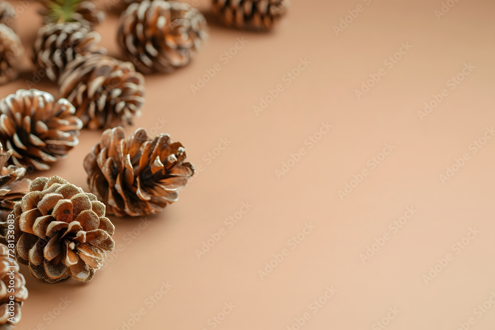 decorative pine cones on the beige background of a brown christmas decoration decorative pine cones on the beige background of a brown christmas decoration
