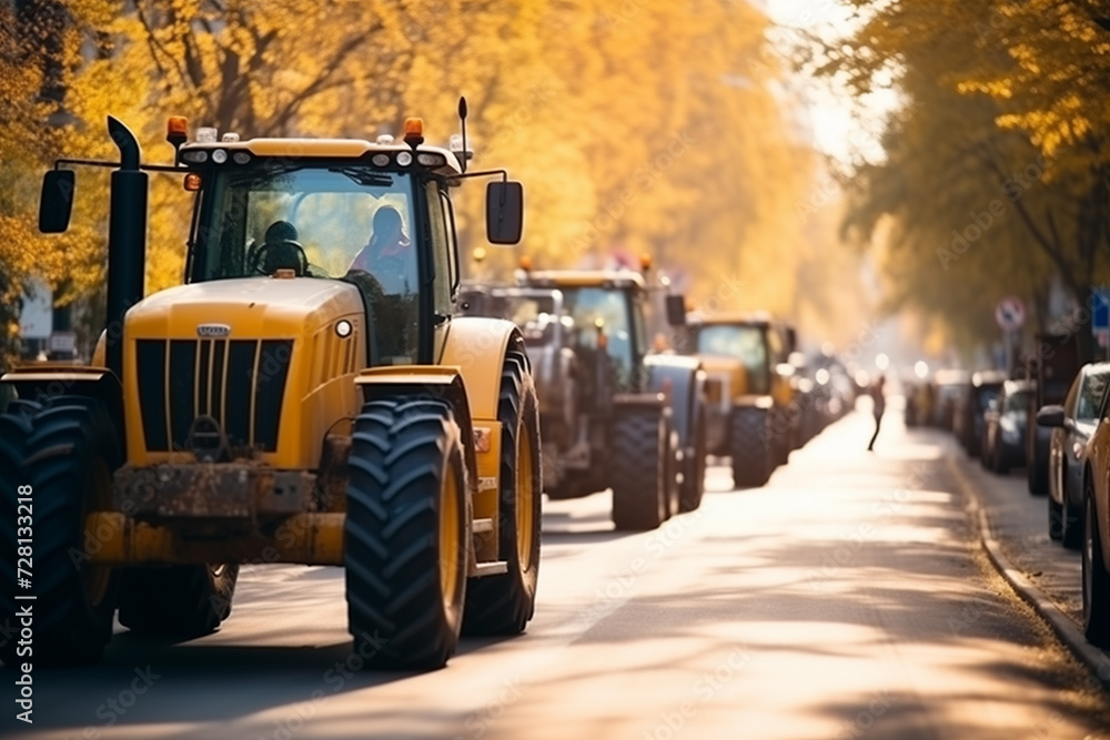 Many tractors blocked city streets and caused traffic jams in city. Agricultural workers protesting against tax increases, changes in law, abolition of benefits on protest rally in street - obrazy, fototapety, plakaty 