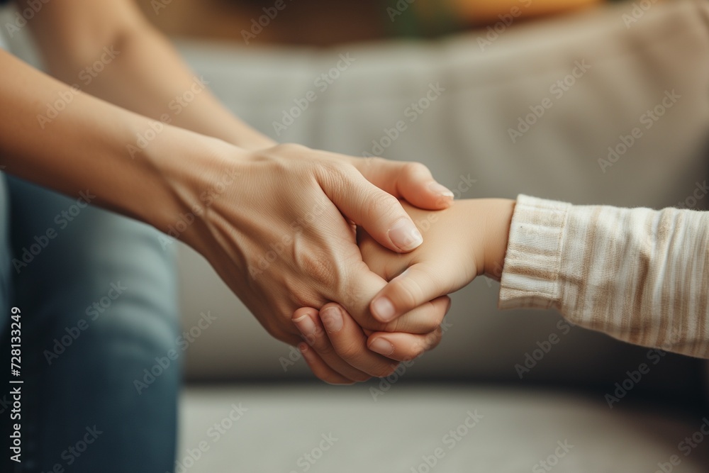 Close up compassionate young foster parent holding hands of little kid boy, giving psychological help, supporting at home