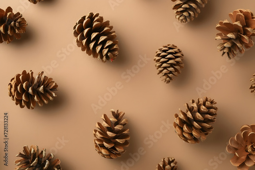 decorative pine cones on the beige background of a brown christmas decoration 