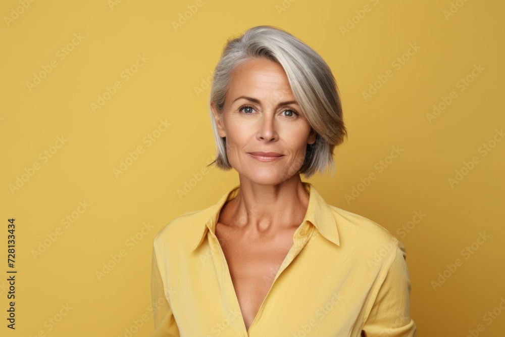 Portrait of mature woman with grey hair looking at camera isolated on yellow background Portrait of mature woman with grey hair looking at camera isolated on yellow background