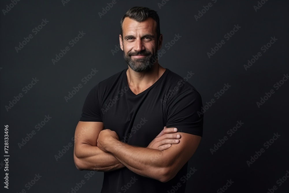 Portrait of a handsome middle-aged man in a black T-shirt on a dark background