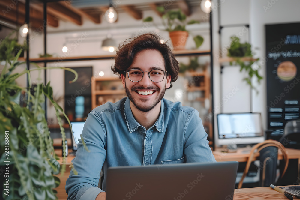 handsome young man smiling working on laptop in office handsome young man smiling working on laptop in office