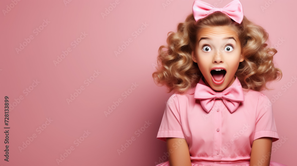 beautiful little girl in a pink dress is surprised, holds her hands to her face on a crimson background, child, childhood, teenager, kid, portrait, shock, emotional face beautiful little girl in a pink dress is surprised, holds her hands to her face on a crimson background, child, childhood, teenager, kid, portrait, shock, emotional face