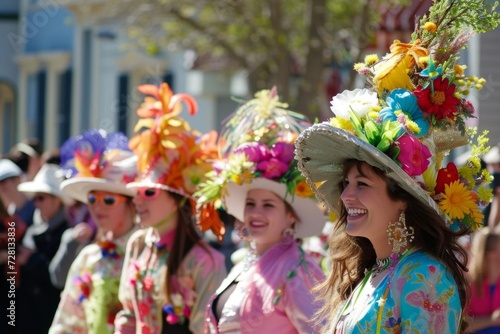 Easter parade on the main street with elaborately decorated floats Marching bands And community performances