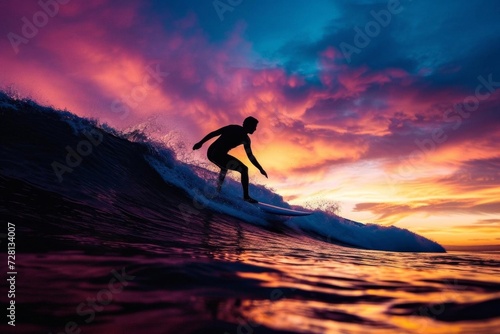 Surfer catching a wave at sunrise Silhouette against the vibrant colors of the morning sky © Jelena