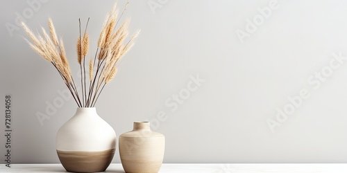 Beige vases with dry grass branches on white table against black white wall. Minimal Scandinavian interior. Neutral trendy decoration. © Vusal