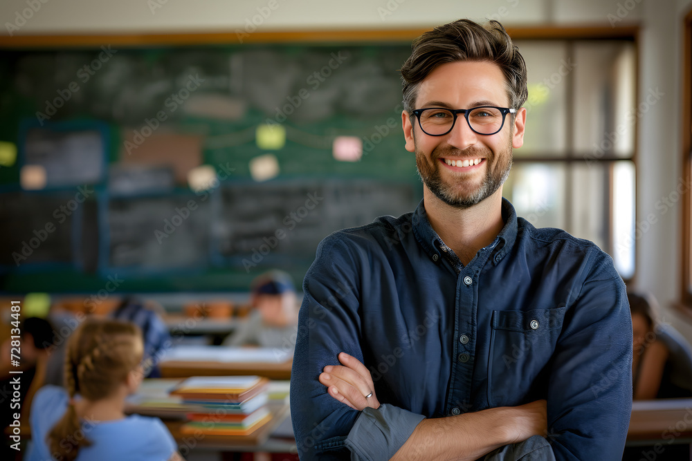 Obraz premium male teacher with arms folded and smiling in his classroom