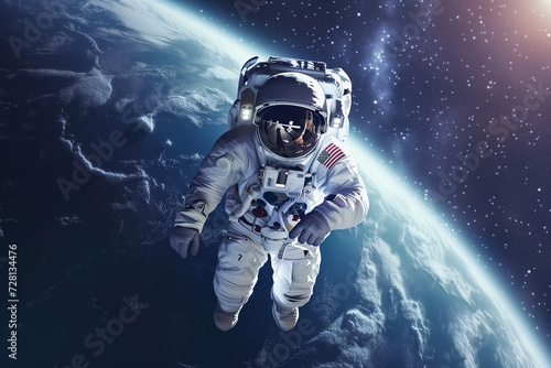 International Day of Human Space Flight banner. Space man astronaut in space on a background of the blue planet Earth. Space mission concept. Welcome to space