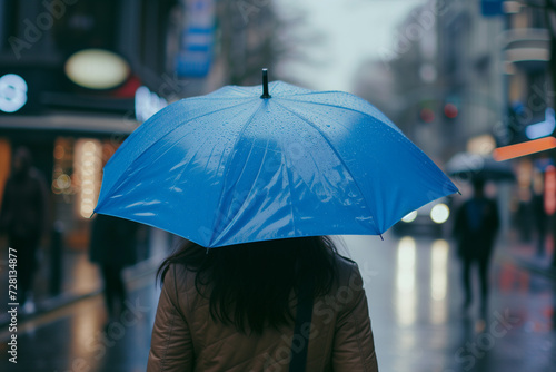 Blue Monday background. Most depressing day of the year. Feelings of depression, sadness, loneliness, melancholy. Lonely alone woman with big blue umbrella in city