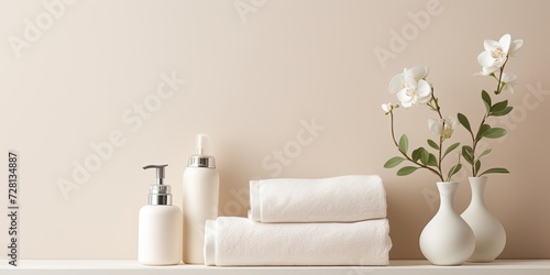 Beige pastel bathroom interior with white shelf, towels, soap, perfume bottle, and cotton plant. Space for text. Minimalistic.