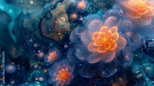 Luminous Floral Blooms in Abstract Blue Environment