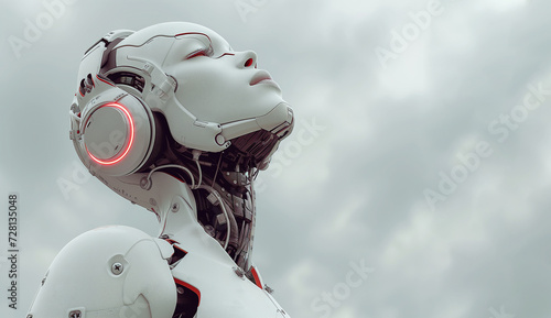Android female robot listening to music through headphones. Place for text
