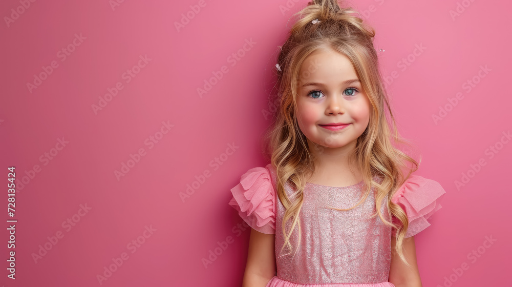 little blue-eyed smiling girl with long curly blond hair in a pink dress on a crimson background in the studio, child, kid, daughter, teenager, fashion, beauty, stylish clothes, space for text, skirt