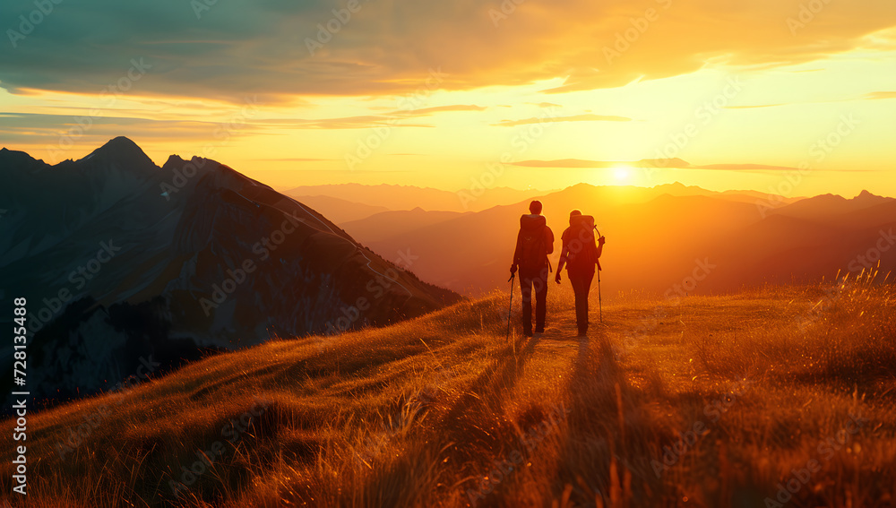 a couple hiking in the mountains at sunset over landscape