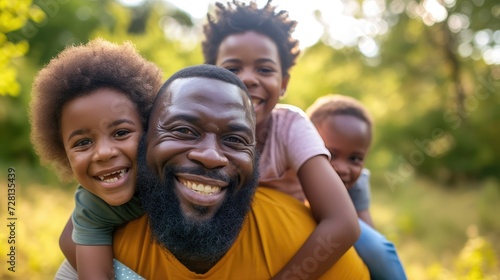 appy mom, dad and children on piggyback ride from parents in nature park for fun, summer time bonding and outdoor family activity. Black father, mother and kids smile together while playing on grass