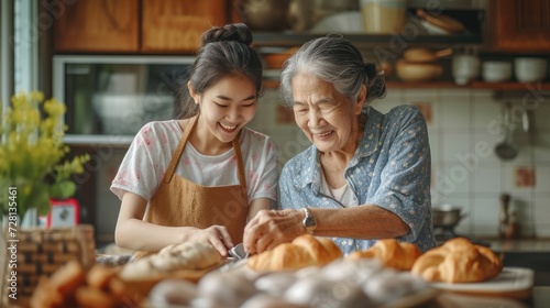 Asian lovely family, young daughter look to old mother cook in kitchen. Beautiful female enjoy spend leisure time and hugging senior elderly mom bake croissant on table in house. Activity relationship