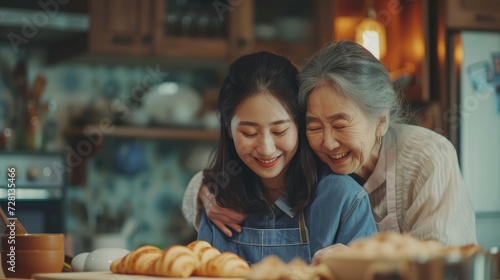 Asian lovely family, young daughter look to old mother cook in kitchen. Beautiful female enjoy spend leisure time and hugging senior elderly mom bake croissant on table in house. Activity relationship photo