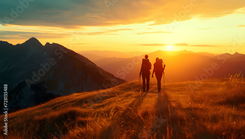 a couple hiking in the mountains at sunset over landscape © Lin_Studio
