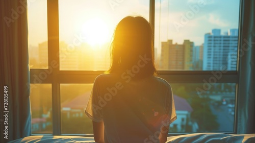 Beautiful asian woman is waking up in the morning, Sun shines on her from the big window. Happy young girl greets new day with warm sunlight flare and city scenery in the window