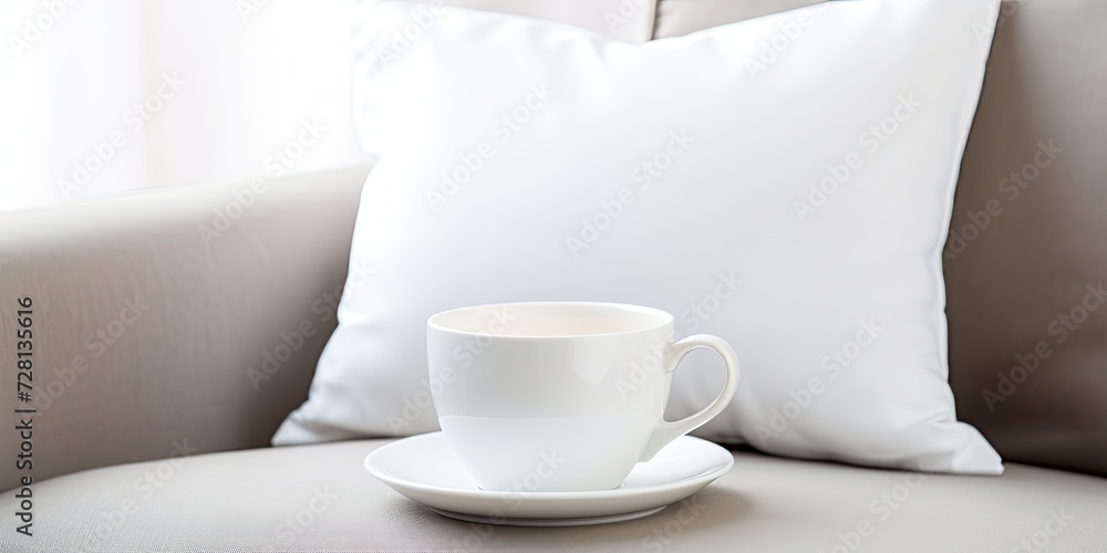 Tea cup on a white pillow on a couch.