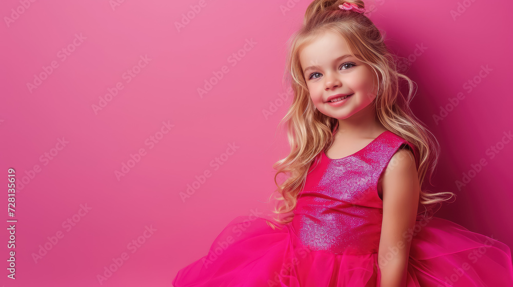little blue-eyed smiling girl with long curly blond hair in a pink dress on a crimson background in the studio, child, kid, daughter, teenager, fashion, beauty, stylish clothes, space for text, skirt little blue-eyed smiling girl with long curly blond hair in a pink dress on a crimson background in the studio, child, kid, daughter, teenager, fashion, beauty, stylish clothes, space for text, skirt