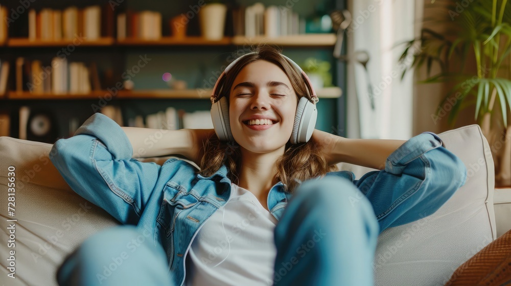 Obraz premium Caucasian beautiful woman smiling at home in headphones . Short brunette hair young girl wearing blue jeans listen music at home. Use technology, lifestyle concept