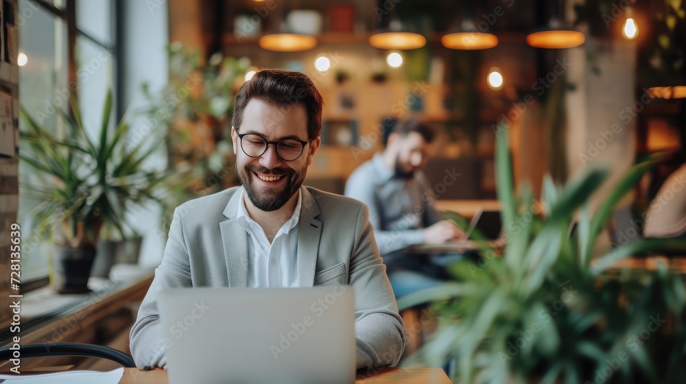 cheerful businessman in eyeglasses typing on laptop while sitting near colleague with mobile phone and bearded man on blurred foreground in lounge of modern coworking space cheerful businessman in eyeglasses typing on laptop while sitting near colleague with mobile phone and bearded man on blurred foreground in lounge of modern coworking space