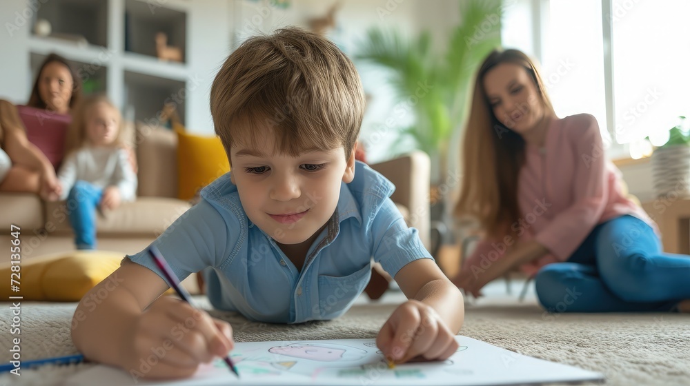 Children sister and brother playing drawing together on floor while young parents relaxing at home on sofa, little boy girl having fun, friendship between siblings, family leisure time in living room Children sister and brother playing drawing together on floor while young parents relaxing at home on sofa, little boy girl having fun, friendship between siblings, family leisure time in living room