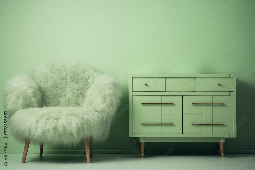 pastel green fur furniture against green wallpaper background, minimalistic interior scene. Copy space pastel green fur furniture against green wallpaper background, minimalistic interior scene. Copy space