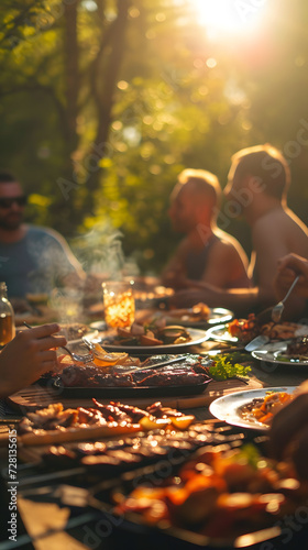 people eat barbecue in the sun outdoors with family and friends