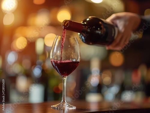 Close up female hand pouring red wine to glass. Wine expert, sommelier tasting, rating and drinking wine, bottles in background. Restaurant, wine bar, waitress.