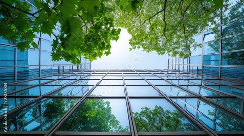 Eco-friendly building in the modern city. Green tree branches with leaves and sustainable glass building for reducing heat and carbon dioxide. Office building with green environment. Go green concept.