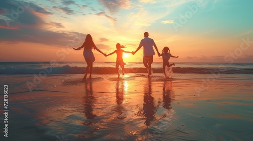 Happy family travel on beach in holiday,Summer vacations. Happy family are having fun on a tropical beach in sunset. Father and mother and children playing together outdoor on beach. © buraratn