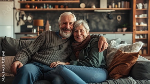 Happy senior couple relaxing on couch at home