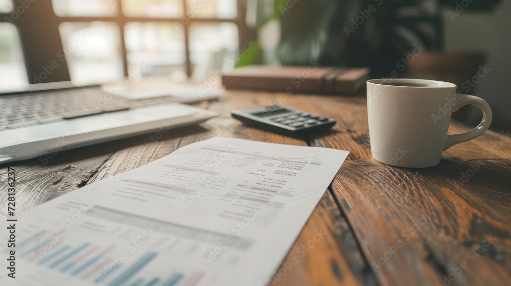 Marketing data analysis. Wooden table. Wooden office desk with pile of documents, calculator and coffee mug. Marketing data analysis. Wooden table. Wooden office desk with pile of documents, calculator and coffee mug.