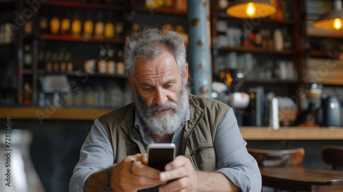 Mature man with beard watching movie on smart phone in cafe