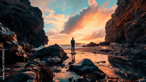 The image features a person standing alone on a rocky shoreline between two large cliffs, facing the ocean. The sun is setting or rising, painting the sky in warm hues of orange, pink, and blue. Waves photo