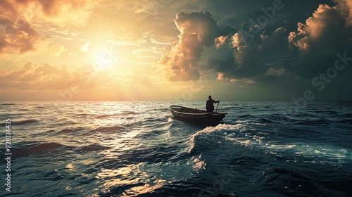 A solitary figure stands in a small boat navigating the ocean waves. The sea glistens under the dramatic light of the sun, which breaks through an atmospheric sky filled with impressive cumulus clouds