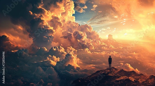 In the foreground stands a solitary figure on a rocky outcrop, silhouetted against a dramatic sky. The sky is filled with towering clouds, ablaze with the warm hues of orange, amber, and yellow, sugge